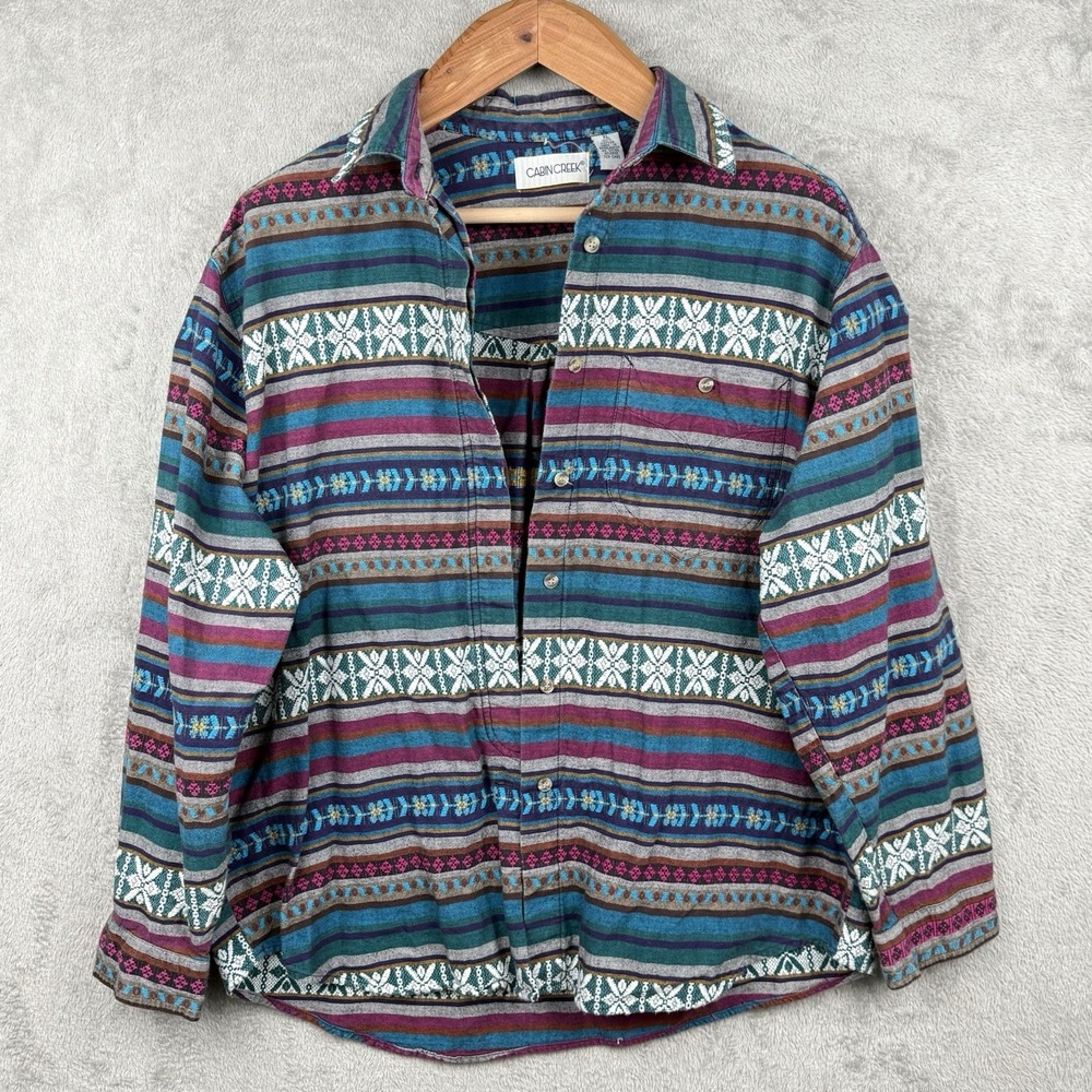 Cabin Creek Shirt Womens XL Woven Southwestern Aztec Button Up‎ Cotton 90s VTG